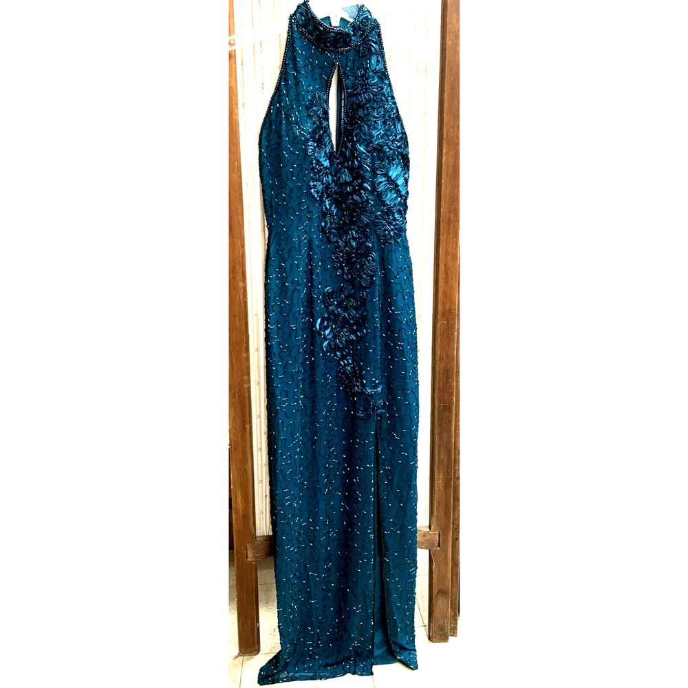 Graceful Alyce Design Dark Teal Beaded Halter Dress hei8076